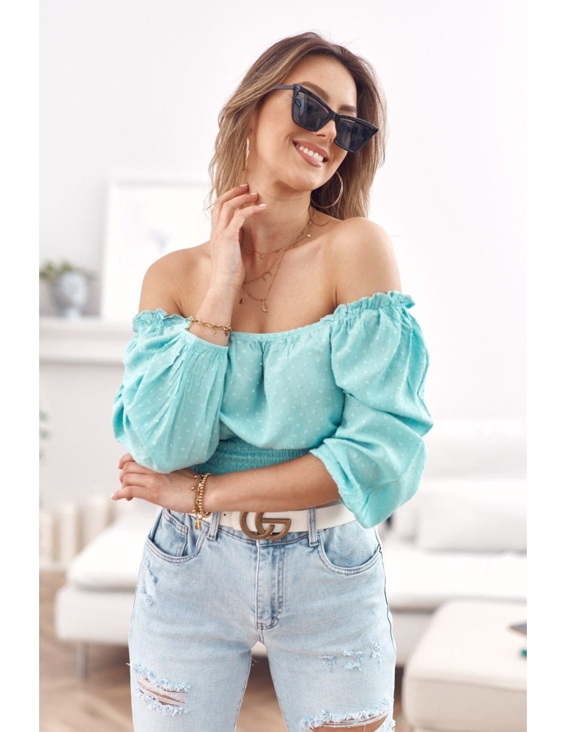 Kurze Bluse mit Rüschen unten, Mint MP29390 – Online-Shop – Boutique